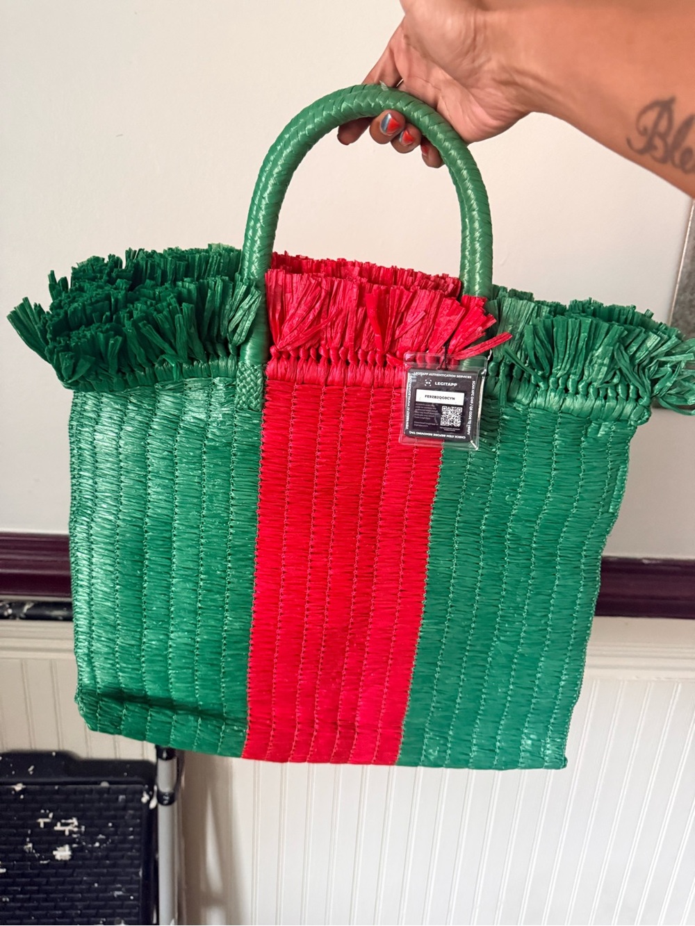 Gucci Green Tote with Red Center Stripe and Fringe